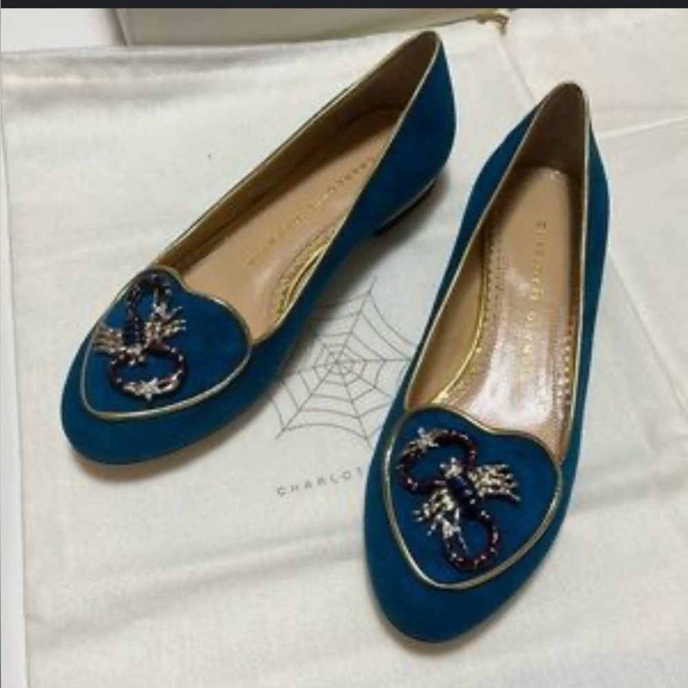 ISO!!!  $1000.  Charlotte Olympia Blue Velvet Loafers with Gold Embellishments.